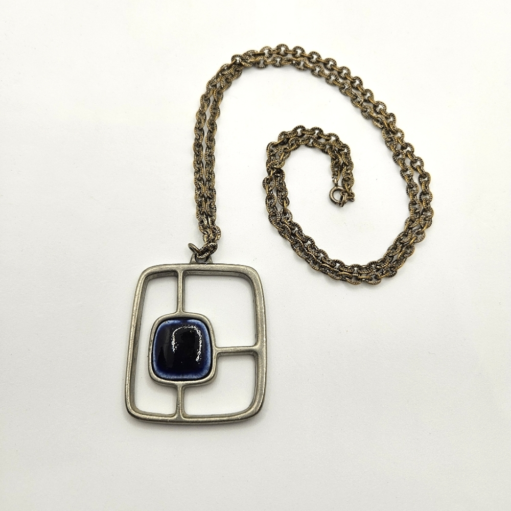 Mid Century Roland Landerholm TENN Pewter Ceramic Necklace Vintage